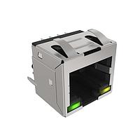 Amphenol Commercial Products RJE881882410 Low-Profile EMI-Quiet Modular Jack Connector Low Profile Vertical RJ45 THM w/ LED w/ Shield w/ EMI Tabs 50u" Plating