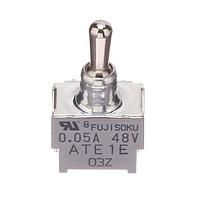 Nidec Components ATE1E-5M3-10-Z Subminiature Toggle Switch SPDT, ON-OFF-ON, 6mm toggle, 4mm smooth bushing, right angle PC terminals with .2" pitch, 50mA @ 60V AC/DC, washable