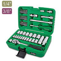 TOPTUL GCAI4905 1/4" & 3/8" DR. Flank Socket Set (49 pcs; 12PT; Satin)