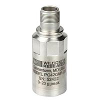 Amphenol Wilcoxon PC420AP-10 Vibration Sensors Top exit, 105 C, 4-20 mA ( 5% @ full scale) proportional to Acceleration, Equivalent Peak, 10 g (98 m/sec2), 1/4-28 mounting hole (stud included), MIL-C-5015 connector.