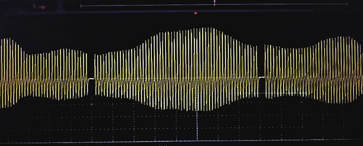Crankshaft position sensor waveform captured at 5 ms per division and 10 volts per division