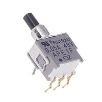 Nidec Components APE1F-5M-10-Z Subminiature SPDT, ON-(ON), pushbutton, smooth bushing, right angle PC terminals, 50mA @ 60V AC/DC
