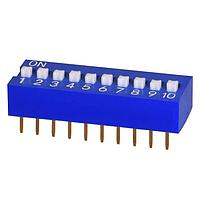 Same Sky (formerly CUI Devices) DS01C-254-L-10BE DIP Switches DIP Switch, SPST, 2.54 pitch, raised actuator, covex bottom, long pin, 10 position, Blue