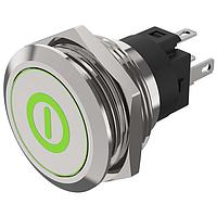 EAO 82-6151.1A34.B001 Anti-Vandal Illuminated pushbutton.momentary.22mm D-Shape.Stainless steel.Flush/flat.Illum symbol B001 On/Off green.24V.Ag.Plug In