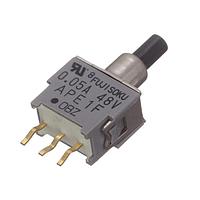 Nidec Components APE1F-2M-10-Z Subminiature SPDT, ON-(ON), pushbutton, smooth bushing, straight PC terminals, 50mA @ 60V AC/DC