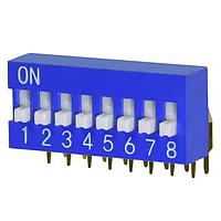 Same Sky (formerly CUI Devices) DS03-254-08BE DIP Switches DIP Switch, SPST, 2.54 pitch, Raised actuator, right angle, 8 position, Blue