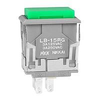 NKK Switches LB15RGW01-F Pushbutton Switches SPDT ON-(ON) GRAY RECTANGULR GREEN CAP
