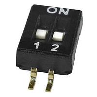 Same Sky (formerly CUI Devices) DS05-127-2-02BK-SMT-TR DIP Switches DIP Switch, SPST, 1.27 pitch, flat actuator, SMT, Tape and reel, 2 position, Black