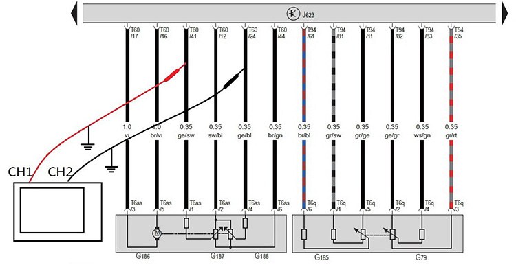 B7 throttle sensor circuit and OWON TAO3104A measurement points