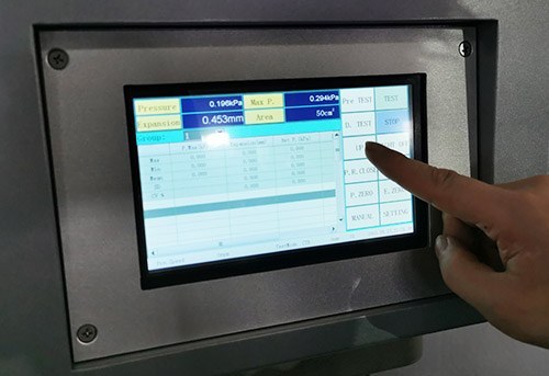 Bursting strength tester parameter setting screen